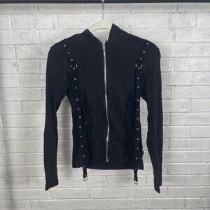 Royal Bones Tripp Zip Front Grommet Strap Hoodie Top Womens M Goth Punk Grunge